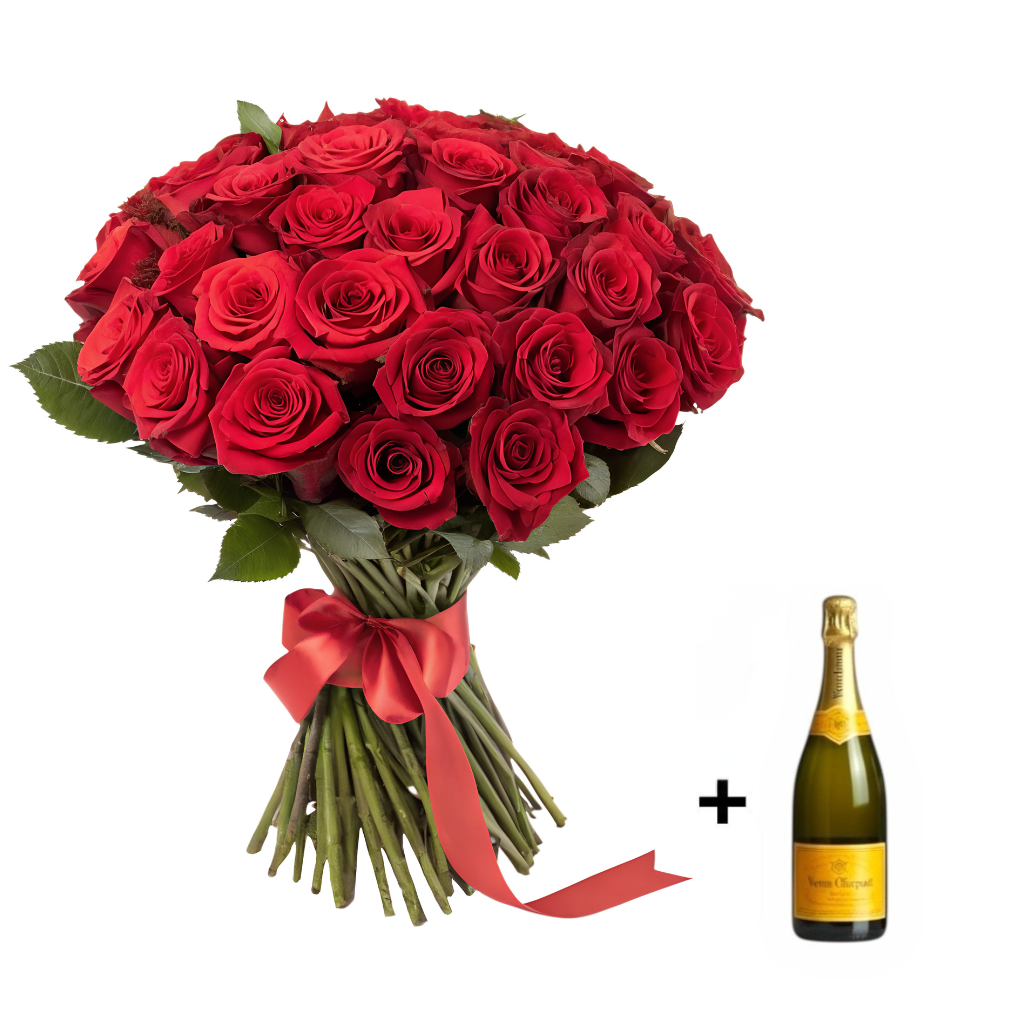 Boeket Only Red Roses Met Champagne
